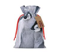 (Cute penguin) Print Christmas New Year Candy Gift Bag, Red Xmas Ribbon Drawstring Bags for Kids Xmas Holiday Eve Presents M Size