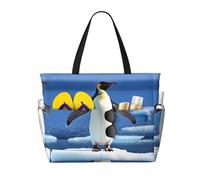 Cute Penguin Print Large Waterproof Beach Tote Bag for Women with Zip and Pockets Foldable Handbag for Travel Pool Shopping Holiday Gym