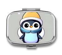 Cute Penguin Print Pill Box - 2 Compartment Travel Pill Organizer with Small Mirror, Portable Pillcase for Pocket & Purse, Cute Square Medicine Case, Weekly Medicine Container