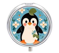 Cute Penguin Print Pill Box 3 Compartment Small Pill Case for Purse Or Pocket Mini Metal Pillcase Medicine Organizer, Round Daily Medicine Container to Hold Vitamins, Fish Oil