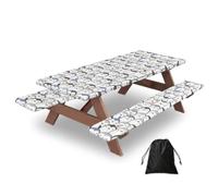 Cute Penguin Print Waterproof Picnic Table Cover With Bench Cover Set Of 3 Elastic Edge Durable Outdoor Tablecloth