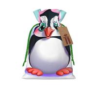 Cute Penguin Printed Christmas Drawstring Bags Reusable Bag for Party Xmas Gift Wrapping, Green Ribbon, M