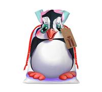 Cute Penguin Printed Christmas Drawstring Bags Reusable Bag for Party Xmas Gift Wrapping, Red Ribbon, M