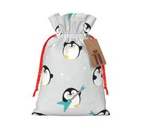 Cute Penguin Printed Christmas Drawstring Bags with Red Christmas Ribbon - Reusable Burlap Drawstring Gift Pouches, S