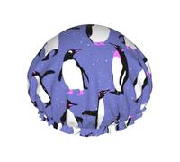 Cute Penguin Purple,Shower Cap Nightcap Double Layer Waterproof Elastic Bath Cap Reusable Hair Cap