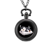 Cute Penguin Sleeping Vintage Pocket Watch Alloy Pendant Watches Necklace Gift for Men Women Black-Style