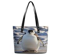Cute Penguin Tote Bag Large Soft Leather Purse with Zipper Lightweight Ladies Shoulder Handbag