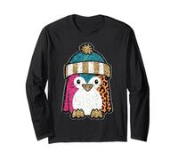 Cute Penguin Winter Hat Colorful Leopard Print Long Sleeve T-Shirt