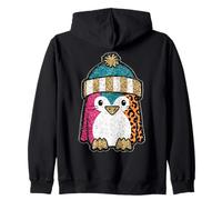 Cute Penguin Winter Hat Colorful Leopard Print Zip Hoodie