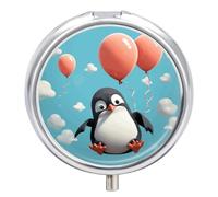 Cute Penguin with Balloon Travel Pill Box Case 3 Compartment Cute Pill Organizer Metal Pill Holder with Mirror Small Medicine Organizer Daily Pill Container for Purse Pocket Portable Meds Box