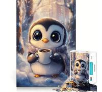 Cute Penguin with Coffee in Snowy Forest Jigsaw for Teenagers1000 Pieces Focus Skill Smooth Cut Fun Hobby (50x75cm)