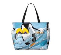 Cute Penguins Baby Taking Pictures Print Large Capacity Beach Travel Bag, Waterproof Beach Tote Bag with Zip and Pocket, Tote Bags for Traveling, Shopping, Pool