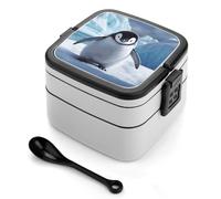 Cute Penguins Bento Box with Spoon & Handle - 2 Compartment Leak-Proof Stackable Lunch Box for Adults, BPA-Free Reusable Food Containers for Work, Travel, Picnic