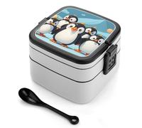 Cute Penguins Bento Box with Spoon & Handle - 2 Compartment Leak-Proof Stackable Lunch Box for Adults, BPA-Free Reusable Food Containers for Work, Travel, Picnic