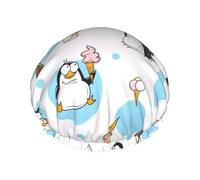 Cute Penguins Double Layer Waterproof Shower Cap, Extra Large Soft Elastic Band, Reusable Bath Cap For Women Men,Full Print Design