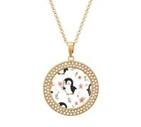 Cute Penguins Holding Flowers Women's Necklaces Round Long Alloy Pendant Necklace Minimalist Tiny Jewelry Gift Golden-style