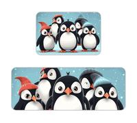 Cute Penguins Kitchen Mat Set of 2, Flannel Non-Slip Absorbent Runner Comfort Standing Mats, Washable Kitchen Rugs for Floor Sink Laundry Entryway, 16x24 + 17x47 Inch
