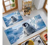 Cute Penguins Non Slip kitchen floor mats Set 2 Piece, Polar Theme Kitchen Mat Anti Fatigue Set, Blue kitchen carpets for Home Decoration - 60X89+60X152cm
