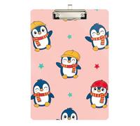 Cute Penguins Pastel Pink Clipboard Acrylic Writing Boards A4 Standard Size Clip Board with Low Profile Metal Clip for Classrooms, Restaurants, School