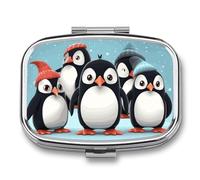 Cute Penguins Pill Box 2 Compartment, Portable Pill Case with Mirror for Pocket Purse Travel, Mini Metal Medicine Organizer for Vitamins Fish Oil