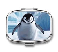 Cute Penguins Pill Box 2 Compartment Travel Pill Organizer with Mirror Design Portable Pillcase for Pocket Or Purse Square Medicine Case Weekly Medicine Container Holder for Daily Meds
