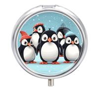 Cute Penguins Portable Pill Box with 3 Compartments Travel Pill Box with Round Metal Mirror for Medication Storage, Medicine Box for Storing Vitamins and Oil