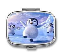 Cute Penguins Portable Pill Organizer with 2 Compartments Square Medicine Box Compact Travel Pharmacy Case