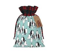 Cute Penguins Print Christmas Drawstring Gift Bag Xmas Bags Festive Plaid Design Presents Packaging