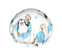 Cute Penguins Print Shower Cap for Women & Men - Reusable, Double Layer, Breathable, Hair Bath Cap L