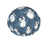Cute Penguins Print Shower Caps for Women, Reusable Double Layers Elastic Band Long Hair Bath Caps for Shower