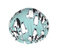Cute Penguins Shower Cap,Nightcap Double Layer Waterproof Elastic Bath Cap Reusable Bathing Hair Cap
