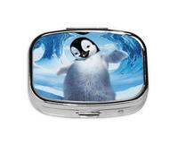 Cute Penguins Taking Pictures Print Pill Box 2 Compartment Medicine Pill Case,Portable for Pocket Or Purse Pill Box Decorative Metal Medicine Organizer