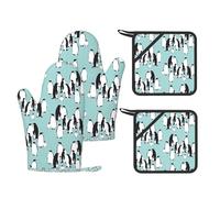 Cute Penguins Trendy Printed Kitchen Set with Heat Resistant Gloves & Non-Slip Hot Pads for Baking & Grilling