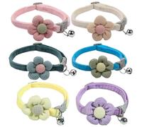 Cute Pet Collars with Flower Motifs, Adjustable Collars for Cats and Dogs, Soft Mohair Fabric, Includes Jingle Bells, Six Pack in, Green, Blue, Yellow, Purple