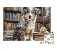 Cute Pet Dog 1000 Pieces Jigsaw Puzzles Engaging Educational Games Australian Shepherd in Library Jigsaw Puzzle Home Decoration for Adults And Kids 52x38cm/1000pcs