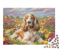 Cute Pet Dog 1000 Pieces Jigsaw Puzzles Engaging Home Decoration Cocker Spaniel in Flowers Jigsaw Puzzle Home Decoration for Gifts 52x38cm/1000pcs