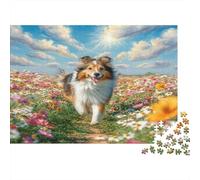 Cute Pet Dog 1000 Pieces Jigsaw Puzzles for Adults & Children, Recycled Cardboard, Non-Reflective, Sheltie Flower Field, Stress Relief Fun, Great Gift Idea for Home Decor 38x26cm/1000pcs