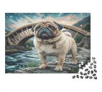 Cute Pet Dog 1000Pc Jigsaw Puzzles for Adults | Educational Game Pug by Arched Bridge over Stream Gift for Men & Women 52x38cm/1000pcs