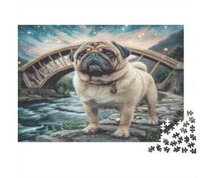 Cute Pet Dog 1000Pc Jigsaw Puzzles for Adults | Educational Game Pug by Arched Bridge over Stream Gift for Men & Women 52x38cm/1000pcs
