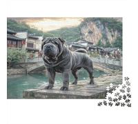 Cute Pet Dog Adult Jigsaw for Wall Decor: Shar Pei at Bridge Educational Game Decompression 1000Pc 38x26cm/1000pcs