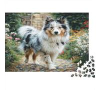 Cute Pet Dog Cardboard Australian Shepherd in Flower Garden with Stone Path Premium Jigsaw Puzzle Brain Training Home Decor 70x50cm/1000pcs