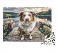 Cute Pet Dog Cardboard Australian Shepherd on Wooden Bridge over Stream Premium Jigsaw Puzzle Brain Training Home Decor 70x50cm/1000pcs