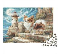Cute Pet Dog Cardboard Papillon on Stone Steps by Lighthouse Ruins Premium Jigsaw Puzzle Fun 52x38cm/1000pcs