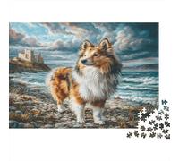 Cute Pet Dog Heavyweight Paper Collie on Rocky Beach with Castle Ruins Jigsaw Puzzle Interactive Relaxing Activity 38x26cm/1000pcs