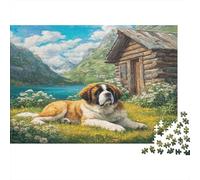 Cute Pet Dog Heavyweight Paper Saint Bernard by Lake with Mountains And Log Cabin Jigsaw Puzzle Giftable Birthday Gift 52x38cm/1000pcs