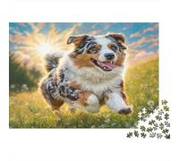 Cute Pet Dog Jigsaw for Adults Educational: Merle Aussie Running in Sun 1000 Piece Games for Home Decor 70x50cm/1000pcs