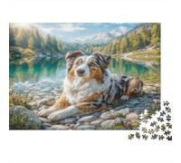 Cute Pet Dog Paper Australian Shepherd by Turquoise Mountain Lake Jigsaw Puzzle Set Brain Training Birthday Gift 52x38cm/1000pcs