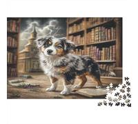 Cute Pet Dog Paper Australian Shepherd in Old Library with Books Jigsaw Puzzle Set Brain Training Birthday Gift 38x26cm/1000pcs