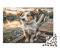 Cute Pet Dog Paperboard Australian Shepherd on Wooden Bridge over Stream Classic Jigsaw Puzzle Interactive Boredom Buster 70x50cm/1000pcs