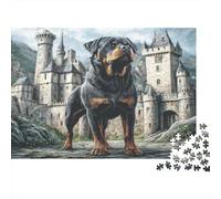 Cute Pet Dog Paperboard Rottweiler on Stone Path with Castle Ruins Classic Jigsaw Puzzle Interactive Boredom Buster 70x50cm/1000pcs